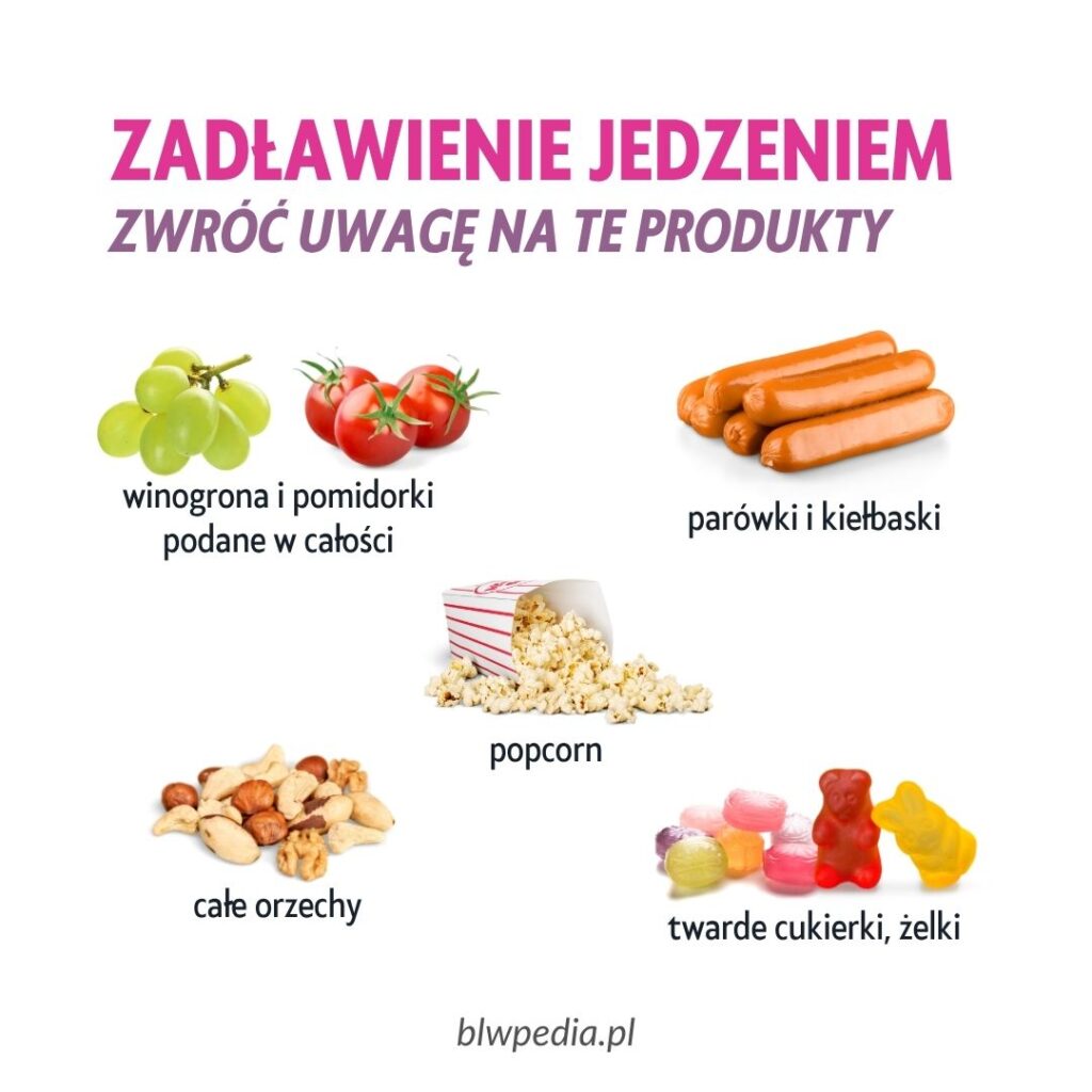 zadławienie jedzeniem u małych dzieci - najczęstsze przyczyny - winogrona, pomidorki, parówki, popcorn, cukierki, żelki, orzechy