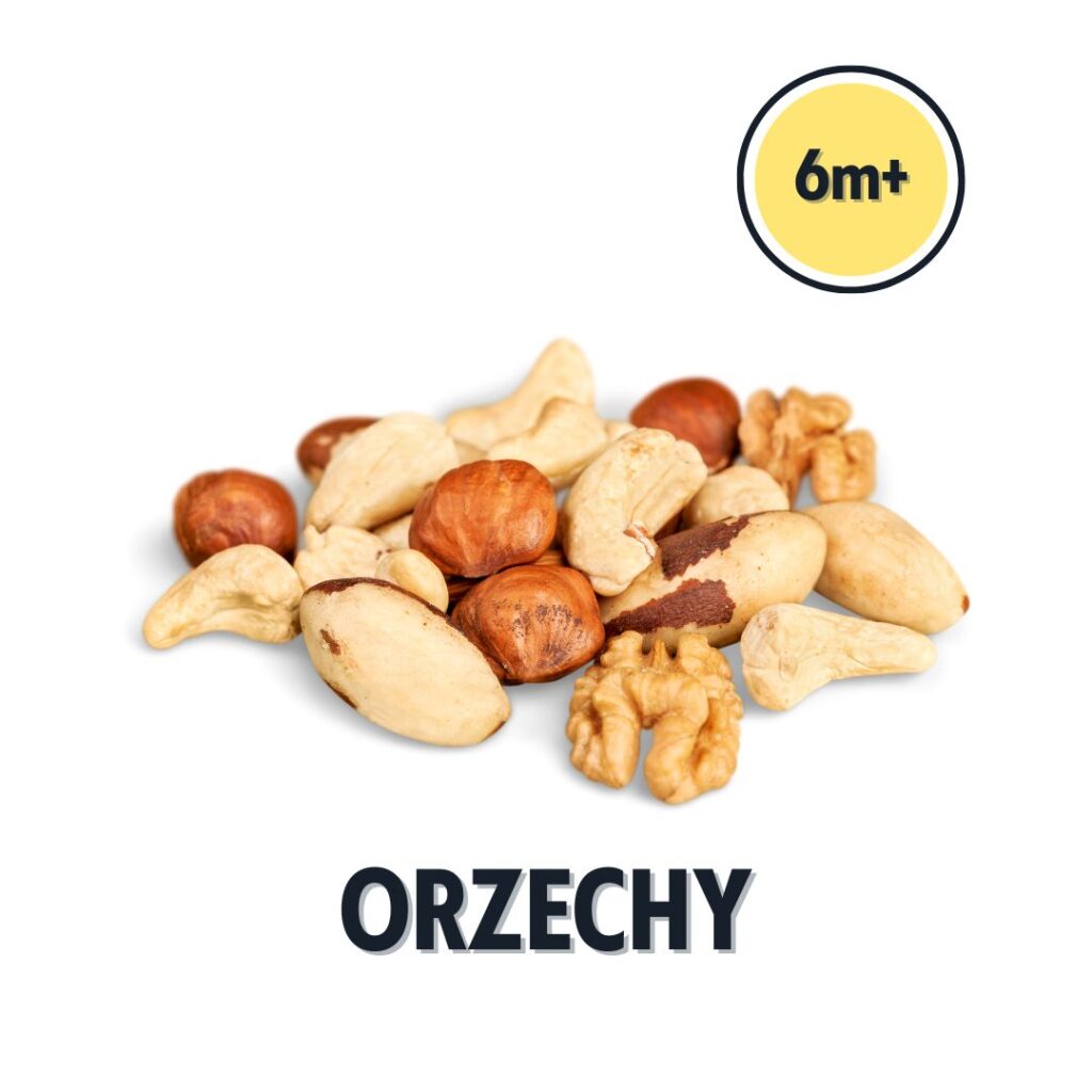 stos różnych orzechów z podpisem "orzechy"