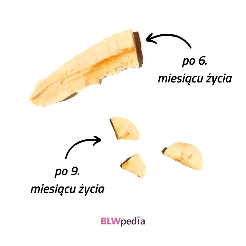 propozycje kawałków banana odpowiednich dla dziecka w wieku 6 i 9 miesięcy
