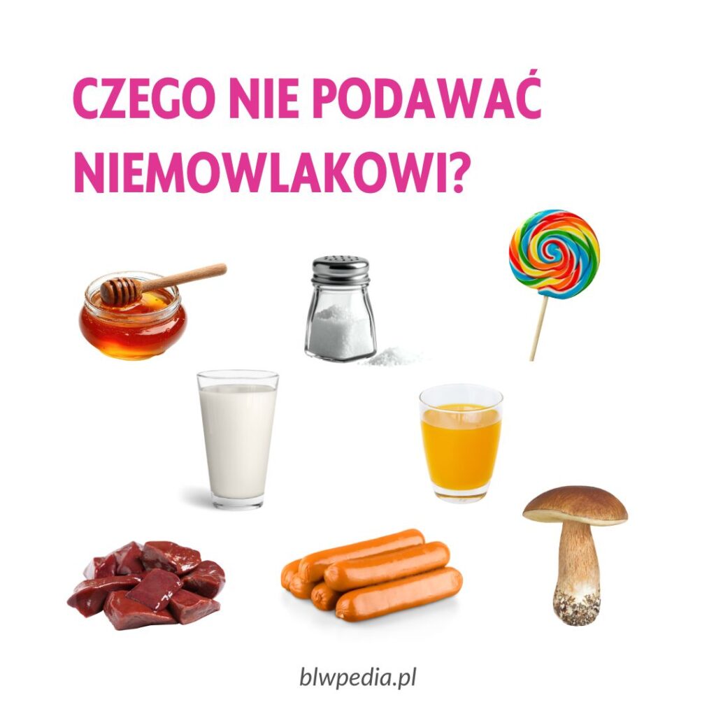 różne produkty, np. miód, sól, sok, parówki z podpisem "czego nie podawać niemowlakowi?"