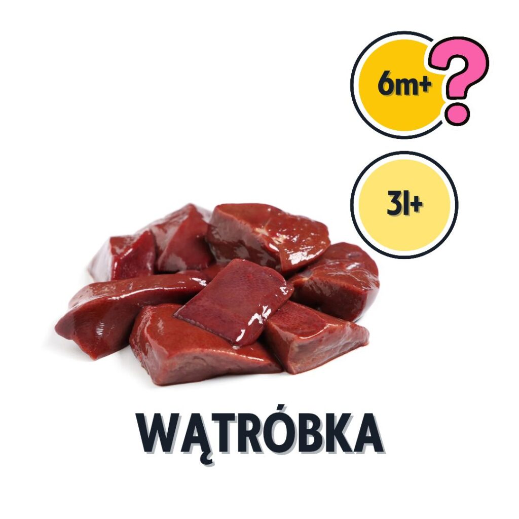 pokrojona surowa wątróbka z infografiką pokazującą, od kiedy można podać wątróbkę dla niemowlaka