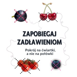czereśnie, winogrona, pomidorki i borówki przekreślone krzyżykami z przerywanych linii, a w środku napis "Zapobiegaj zadławieniom - pokrój na ćwiartki, a nie na połówki"