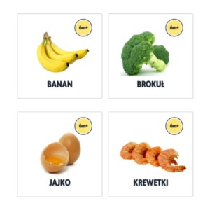 cztery produkty (banany, brokuły, jajko, krewetki) z wyszukiwarki produktów na BLWpedii