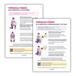 2 plansze - schemat pierwszej pomocy przy zadławieniu u niemowlaka i małego dziecka